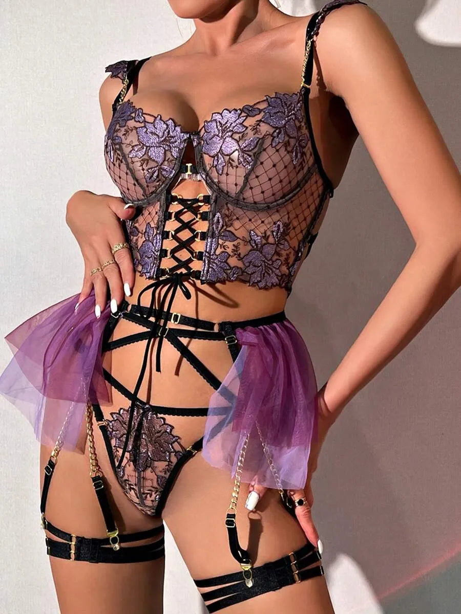 3 Pcs Women's Sexy Sheer Gauze & Fishnet Lingerie Set With Floral Embroidery - V Neck Open Back Off The Shoulder Breathable Hand Washable Bra With Underwire & Thong & Waist Skirt With Chain Garter Belt & Leg Rings - Perfect For Uniform Temptation